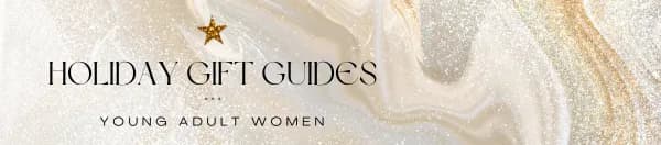 A holiday gift guide banner for 'Young Adult Women' with a gold and white marble background, a gold star, and elegant black text.