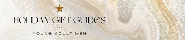 A holiday gift guide banner for 'Young Adult Men' featuring a gold and white marble background, a gold star, and sophisticated black text.