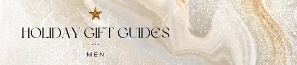 A holiday gift guide banner for 'Men' with a gold and white marble background, a gold star, and refined black text.