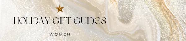 A holiday gift guide banner for 'Women' featuring a luxurious gold and white marble background, a gold star, and stylish black text.