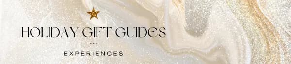 A holiday gift guide banner for 'Experiences' with an elegant gold and white marble background, a gold star, and black text.